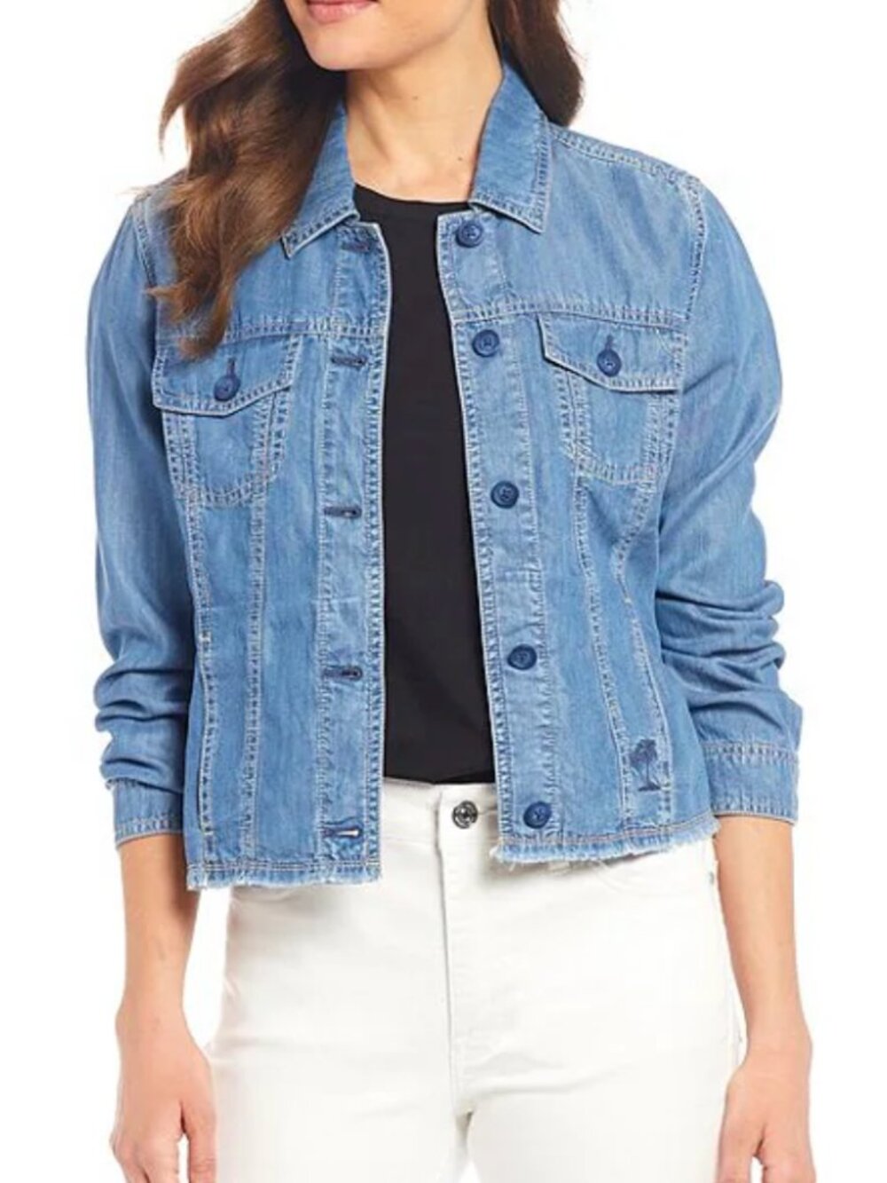 Tommy Bahama Chambray O'lei Cropped Frayed Hem Denim Jacket